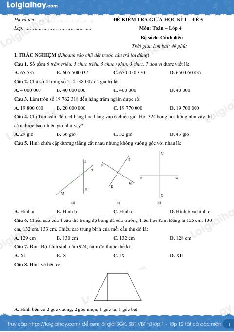 Đề kiểm tra giữa học kì 1 Toán 4 Cánh diều - Đề số 5